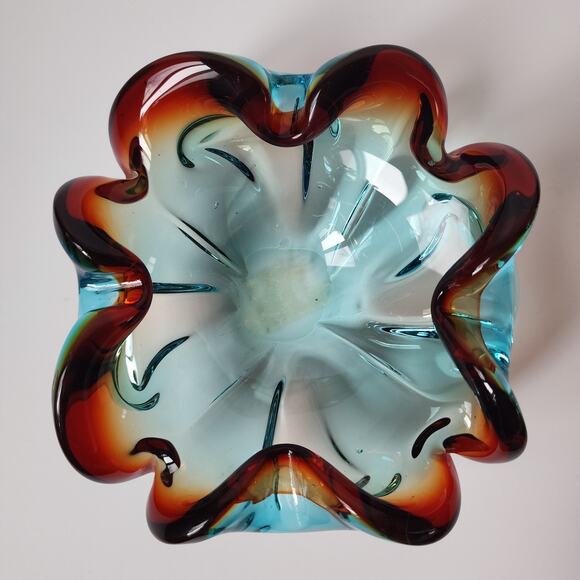 Vintage Murano Style Ashtray MCM Blown Glass Bowl Blue Red Dish Retro - Picture 6 of 8